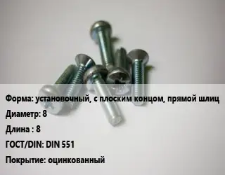 Винт установочный, с плоским концом, прямой шлиц 8х8 DIN 551 оцинкованный